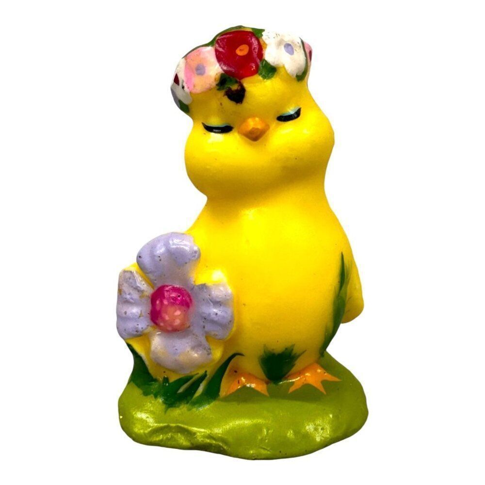 Vintage Gurley Yellow Chick Figurine Flower Crown & Flower Accent Anthropomorphi
